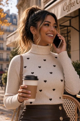 Pull col roulé coeur beige Jessica