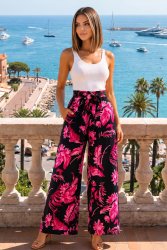 Pantalon fluide noir imprimé fuchsia2